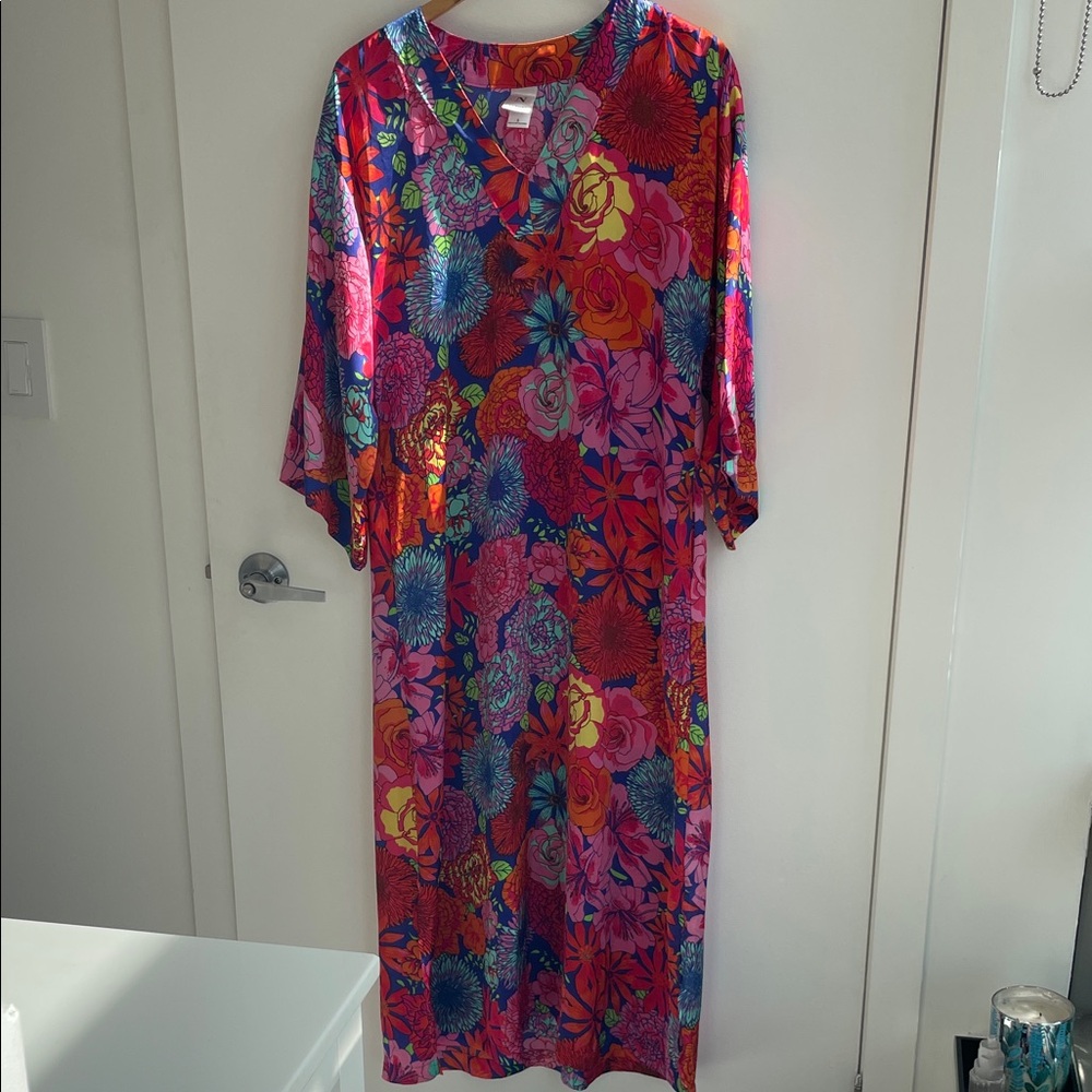 Natori Vibrant Floral Midi Kaftan in Multicolor Size Small